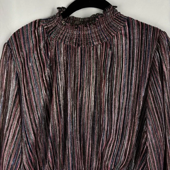 NWT O.P.T Women’s Metallic Striped Ruffle Long Sleeve Smock Neck Party Dress, XL - Picture 6 of 15